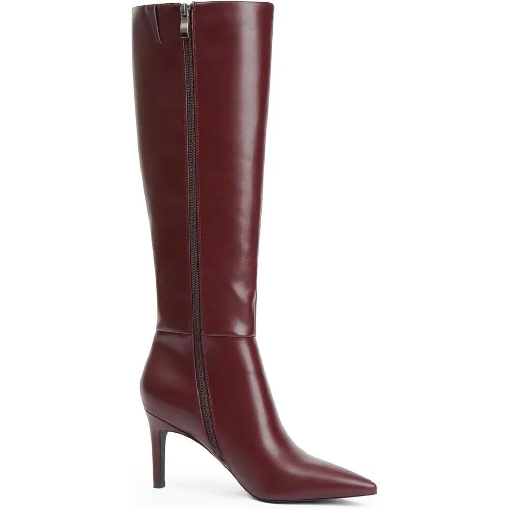 Women Burgundy Faux Leather Pointed Toe Tall Stiletto High Zipper Dress Boot